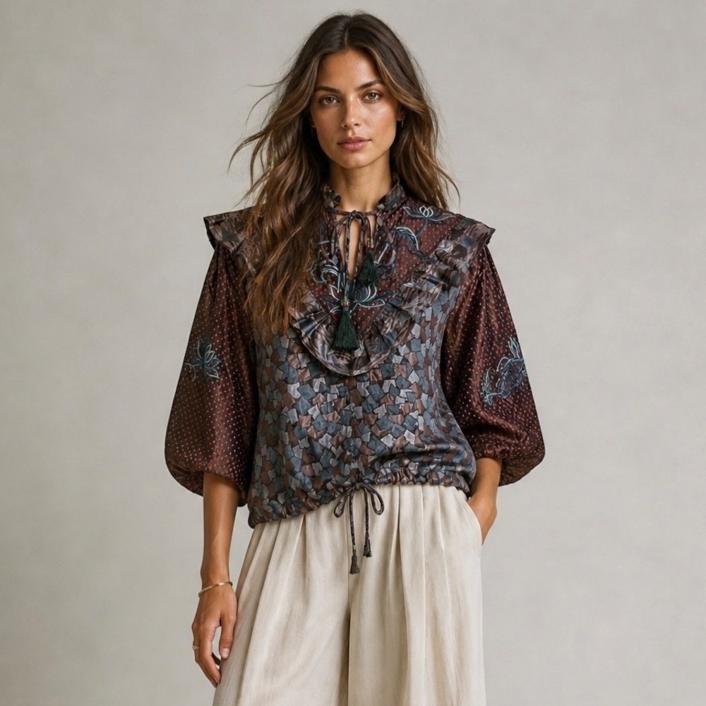 Vintage Diane Freis Top L Brown Floral Dot Puff Sleeve Boho Prairie Blouse - Picture 9 of 12